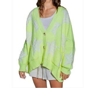 BUCKETLIST Neon Lime Yellow Star Print Oversized Button Front Cardigan Size L